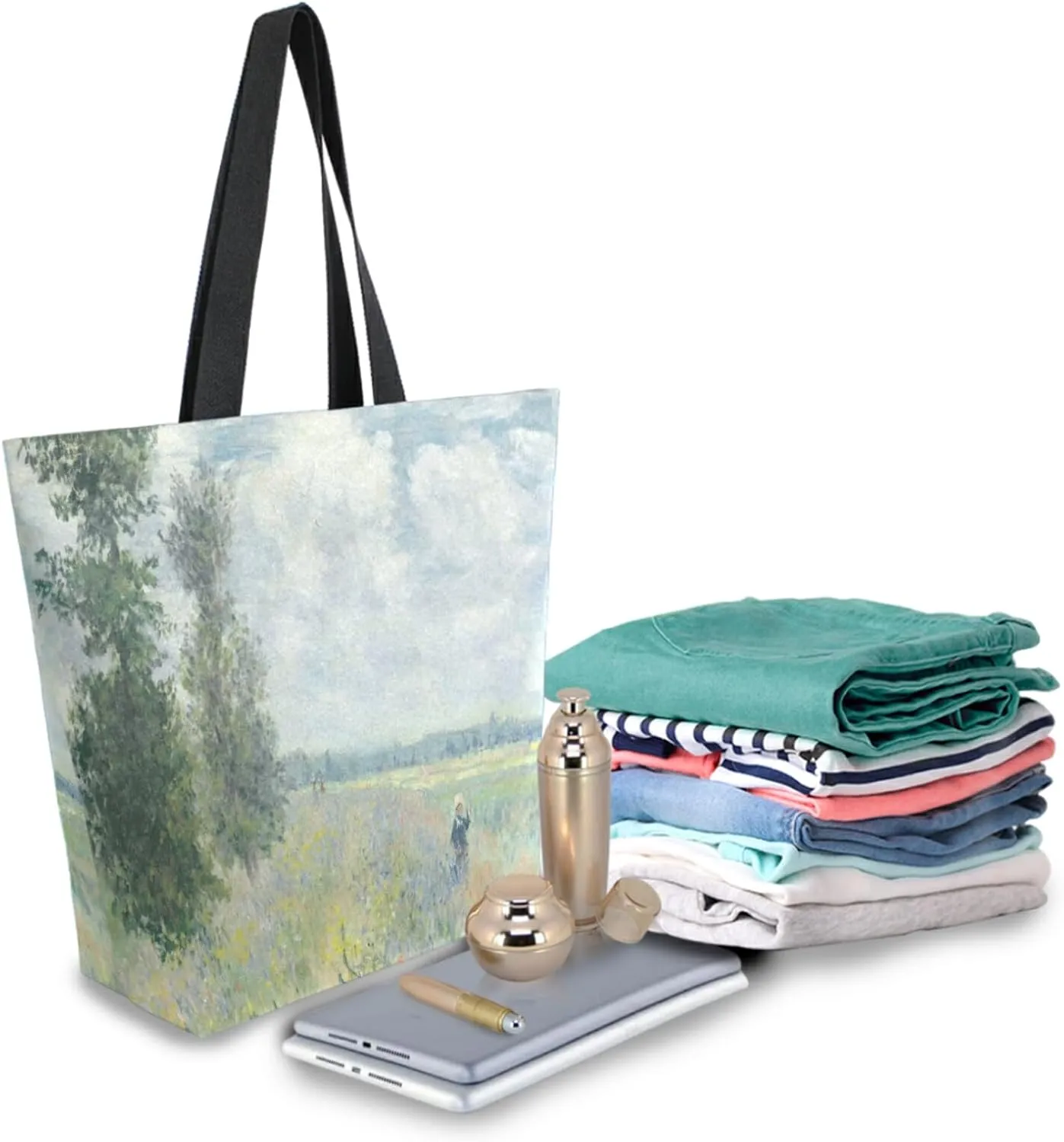 Naanle Oil Painting Monet Canvas Tote Bag Poppy Fields Near Argenteuil Claude Large Women Casual Shoulder Bag Handbag Reusable Multipurpose Heavy Duty Shopping Grocery Cotton Bag for Outdoors