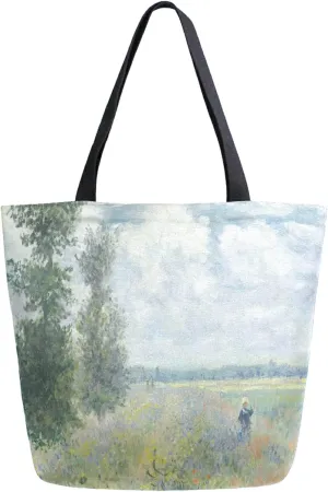 Naanle Oil Painting Monet Canvas Tote Bag Poppy Fields Near Argenteuil Claude Large Women Casual Shoulder Bag Handbag Reusable Multipurpose Heavy Duty Shopping Grocery Cotton Bag for Outdoors