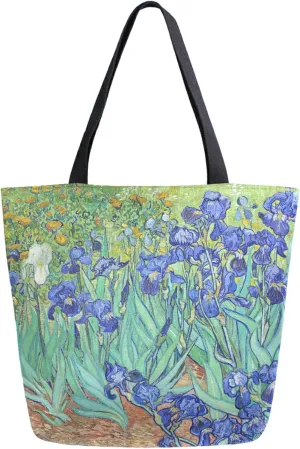 Naanle Oil Painting Van Gogh Canvas Tote Bag Irises Large Women Casual Shoulder Bag Handbag Reusable Multipurpose Heavy Duty Shopping Grocery Cotton Bag for Outdoors