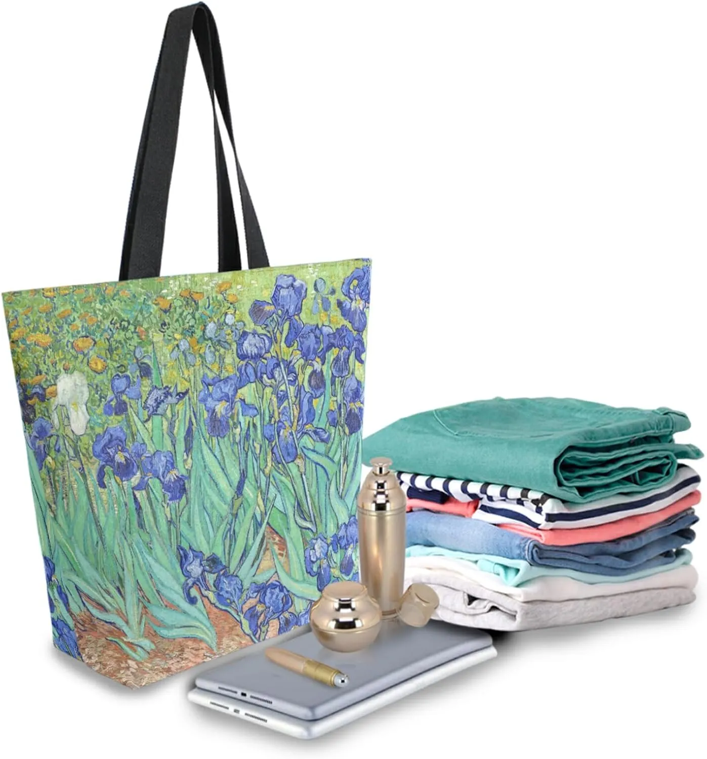 Naanle Oil Painting Van Gogh Canvas Tote Bag Irises Large Women Casual Shoulder Bag Handbag Reusable Multipurpose Heavy Duty Shopping Grocery Cotton Bag for Outdoors