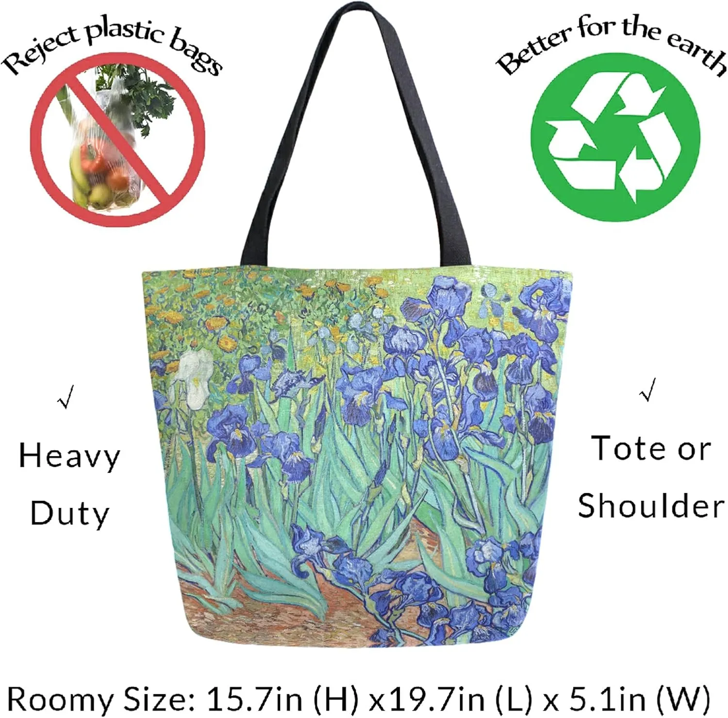 Naanle Oil Painting Van Gogh Canvas Tote Bag Irises Large Women Casual Shoulder Bag Handbag Reusable Multipurpose Heavy Duty Shopping Grocery Cotton Bag for Outdoors
