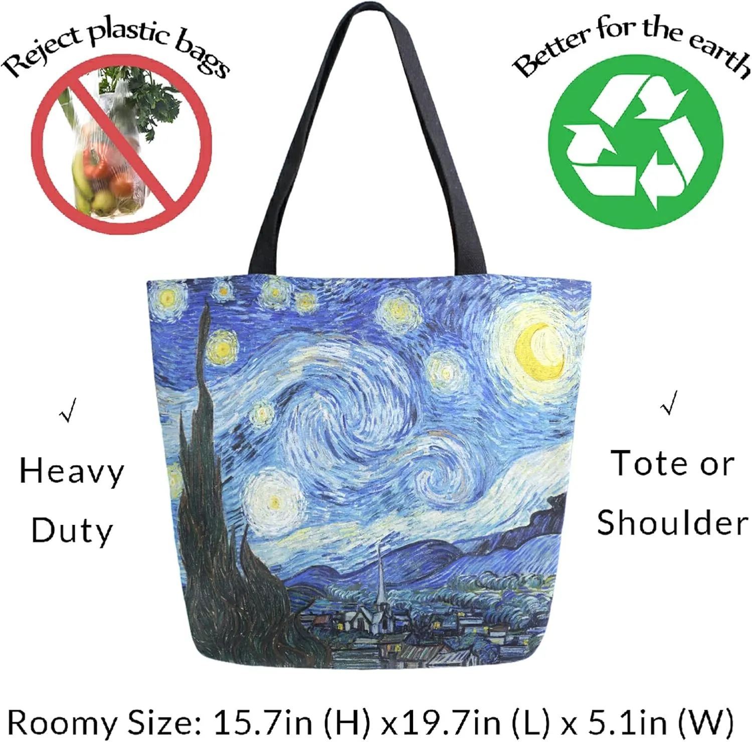 Naanle Oil Painting Van Gogh Canvas Tote Bag The Starry Night Large Women Casual Shoulder Bag Handbag Reusable Multipurpose Heavy Duty Shopping Grocery Cotton Bag for Outdoors