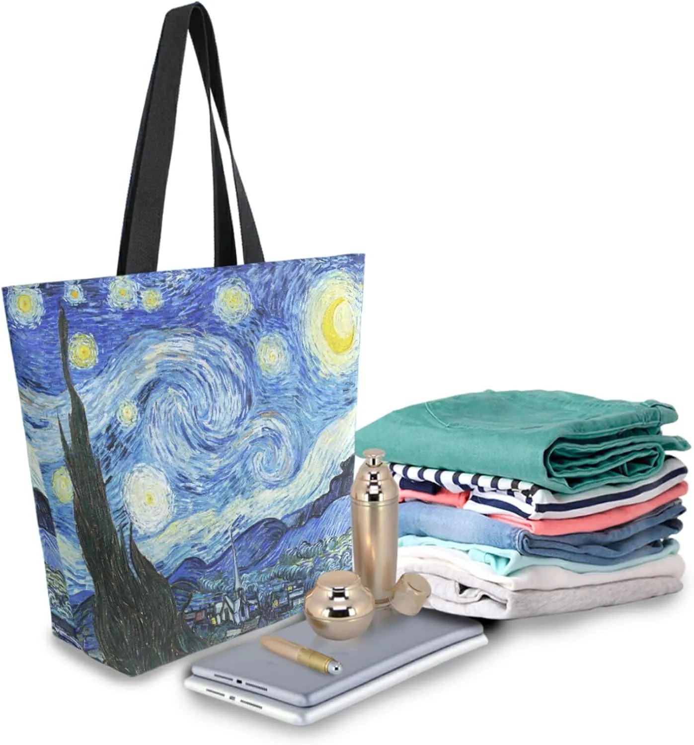Naanle Oil Painting Van Gogh Canvas Tote Bag The Starry Night Large Women Casual Shoulder Bag Handbag Reusable Multipurpose Heavy Duty Shopping Grocery Cotton Bag for Outdoors