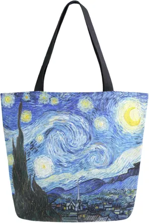 Naanle Oil Painting Van Gogh Canvas Tote Bag The Starry Night Large Women Casual Shoulder Bag Handbag Reusable Multipurpose Heavy Duty Shopping Grocery Cotton Bag for Outdoors