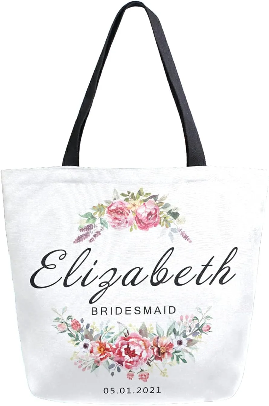 Naanle Personalized Wedding Canvas Tote Bag - Large Women's Casual Shoulder Handbag - Customized Floral Reusable Cotton Bag Gift for Bride
