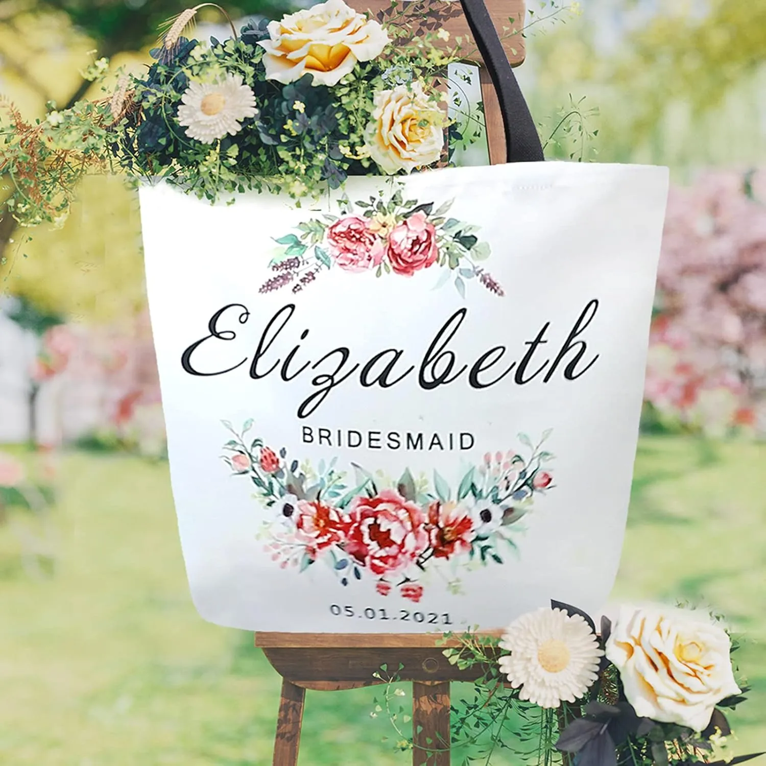Naanle Personalized Wedding Canvas Tote Bag - Large Women's Casual Shoulder Handbag - Customized Floral Reusable Cotton Bag Gift for Bride