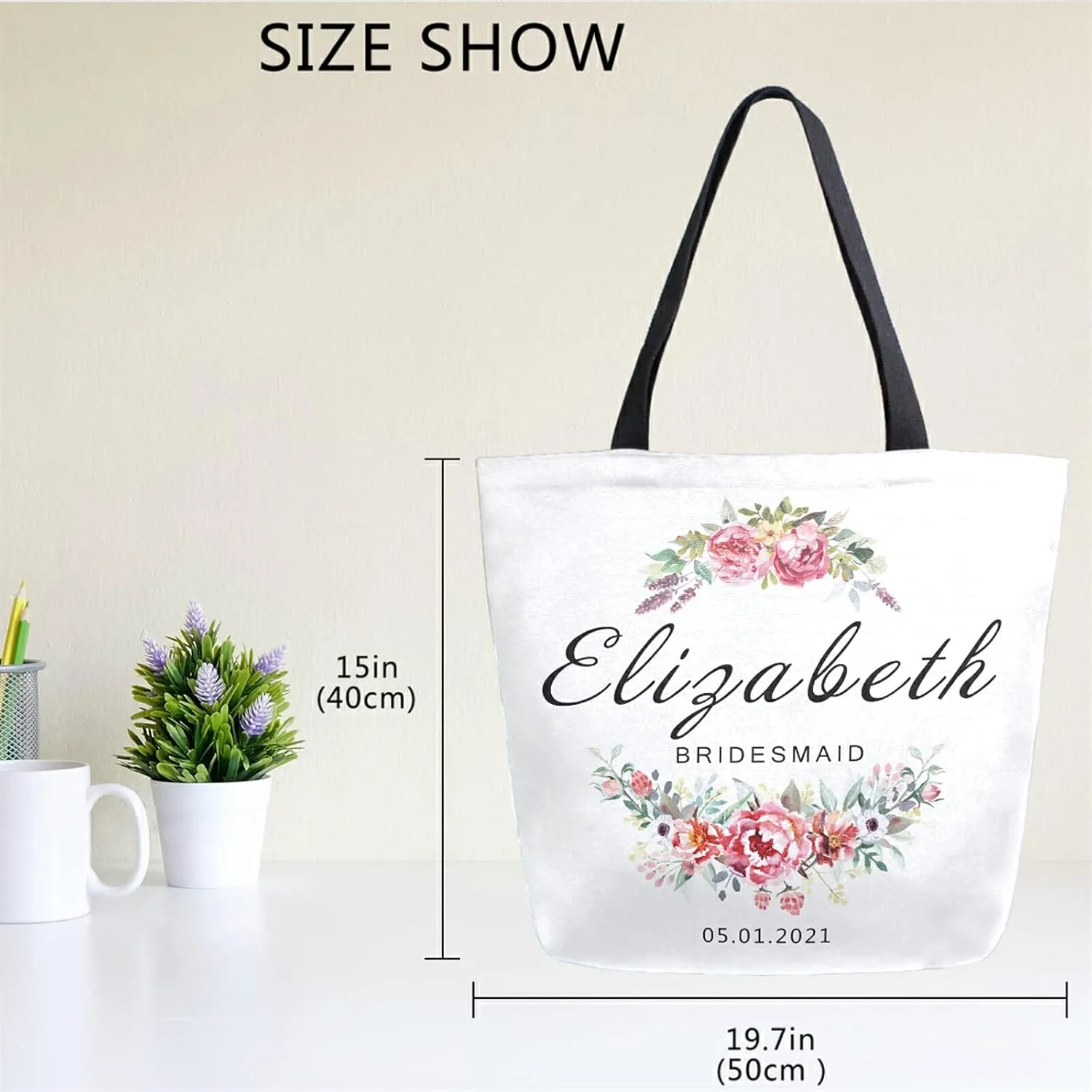 Naanle Personalized Wedding Canvas Tote Bag - Large Women's Casual Shoulder Handbag - Customized Floral Reusable Cotton Bag Gift for Bride