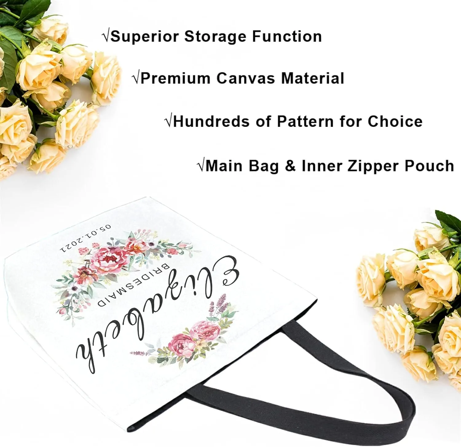Naanle Personalized Wedding Canvas Tote Bag - Large Women's Casual Shoulder Handbag - Customized Floral Reusable Cotton Bag Gift for Bride
