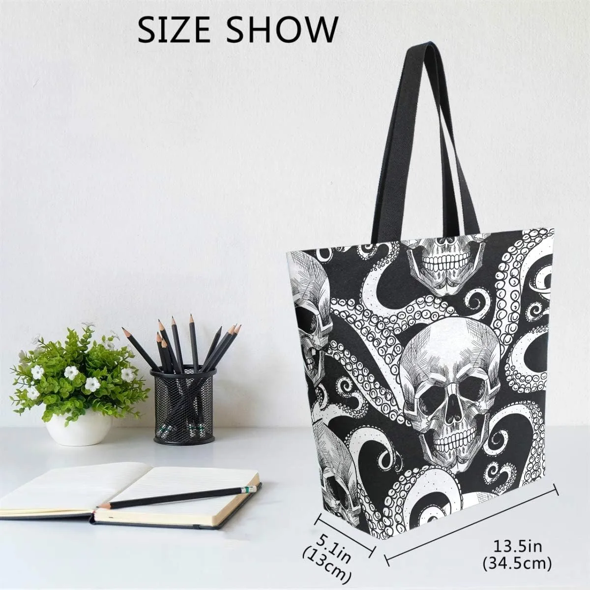Naanle Skull Canvas Tote, Large Women's Casual Shoulder Handbag - Octopus Tentacle Reusable Multipurpose Heavy Duty Shopping Grocery Cotton Bag for Outdoors