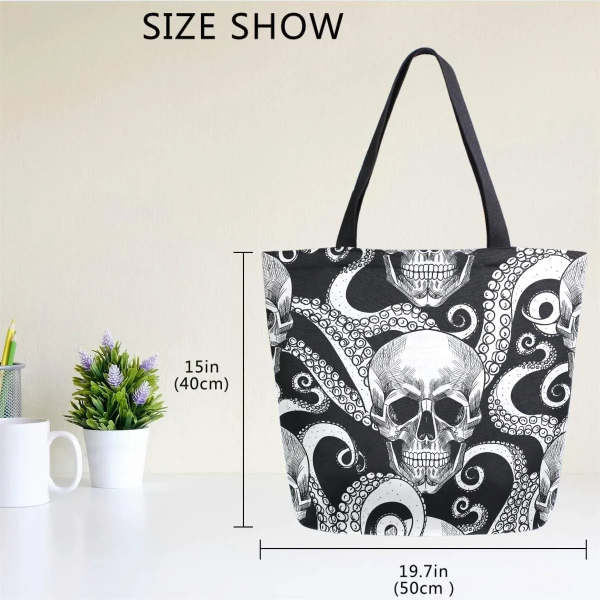 Naanle Skull Canvas Tote, Large Women's Casual Shoulder Handbag - Octopus Tentacle Reusable Multipurpose Heavy Duty Shopping Grocery Cotton Bag for Outdoors