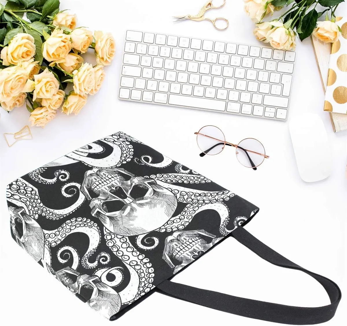 Naanle Skull Canvas Tote, Large Women's Casual Shoulder Handbag - Octopus Tentacle Reusable Multipurpose Heavy Duty Shopping Grocery Cotton Bag for Outdoors