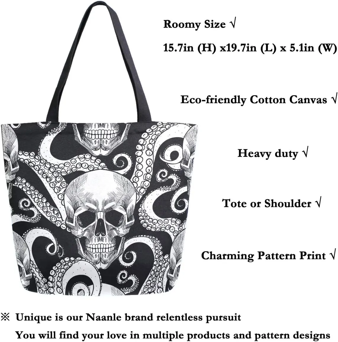 Naanle Skull Canvas Tote, Large Women's Casual Shoulder Handbag - Octopus Tentacle Reusable Multipurpose Heavy Duty Shopping Grocery Cotton Bag for Outdoors