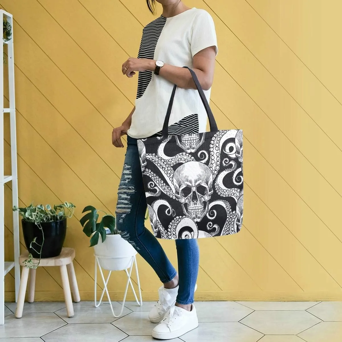 Naanle Skull Canvas Tote, Large Women's Casual Shoulder Handbag - Octopus Tentacle Reusable Multipurpose Heavy Duty Shopping Grocery Cotton Bag for Outdoors