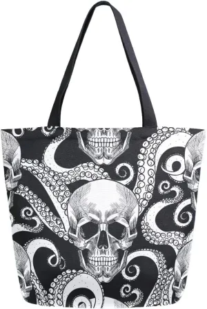 Naanle Skull Canvas Tote, Large Women's Casual Shoulder Handbag - Octopus Tentacle Reusable Multipurpose Heavy Duty Shopping Grocery Cotton Bag for Outdoors
