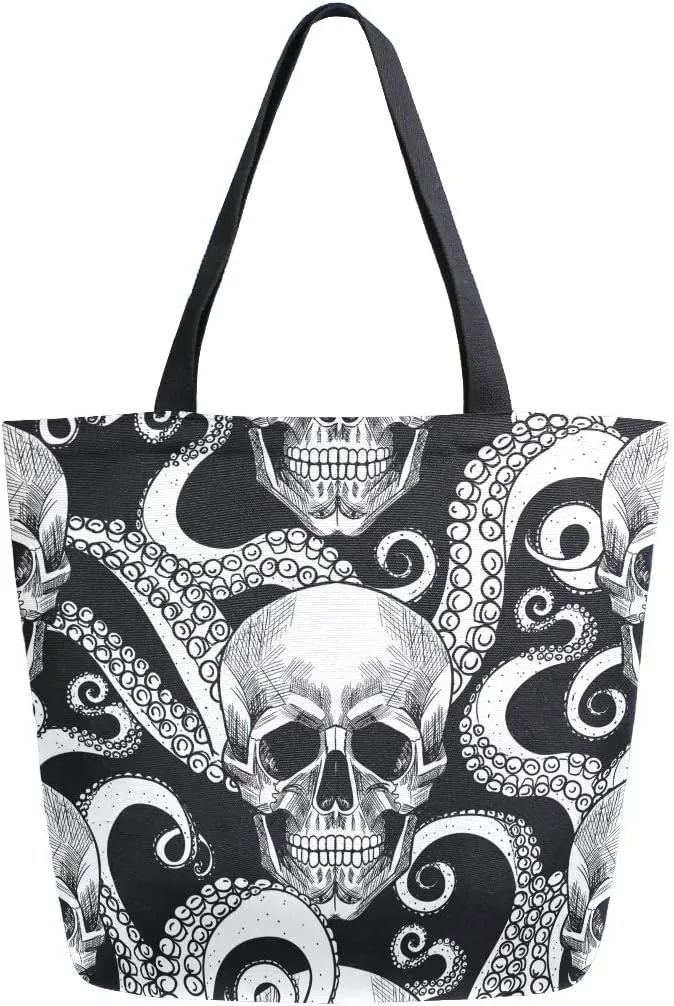 Naanle Skull Canvas Tote, Large Women's Casual Shoulder Handbag - Octopus Tentacle Reusable Multipurpose Heavy Duty Shopping Grocery Cotton Bag for Outdoors