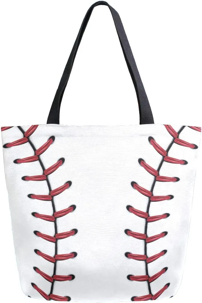 Naanle Sport Baseball Canvas Tote Bag Large Women Casual Shoulder Bag Handbag, Softball Baseball Lace Reusable Multipurpose Heavy Duty Shopping Grocery Cotton Bag for Outdoors.