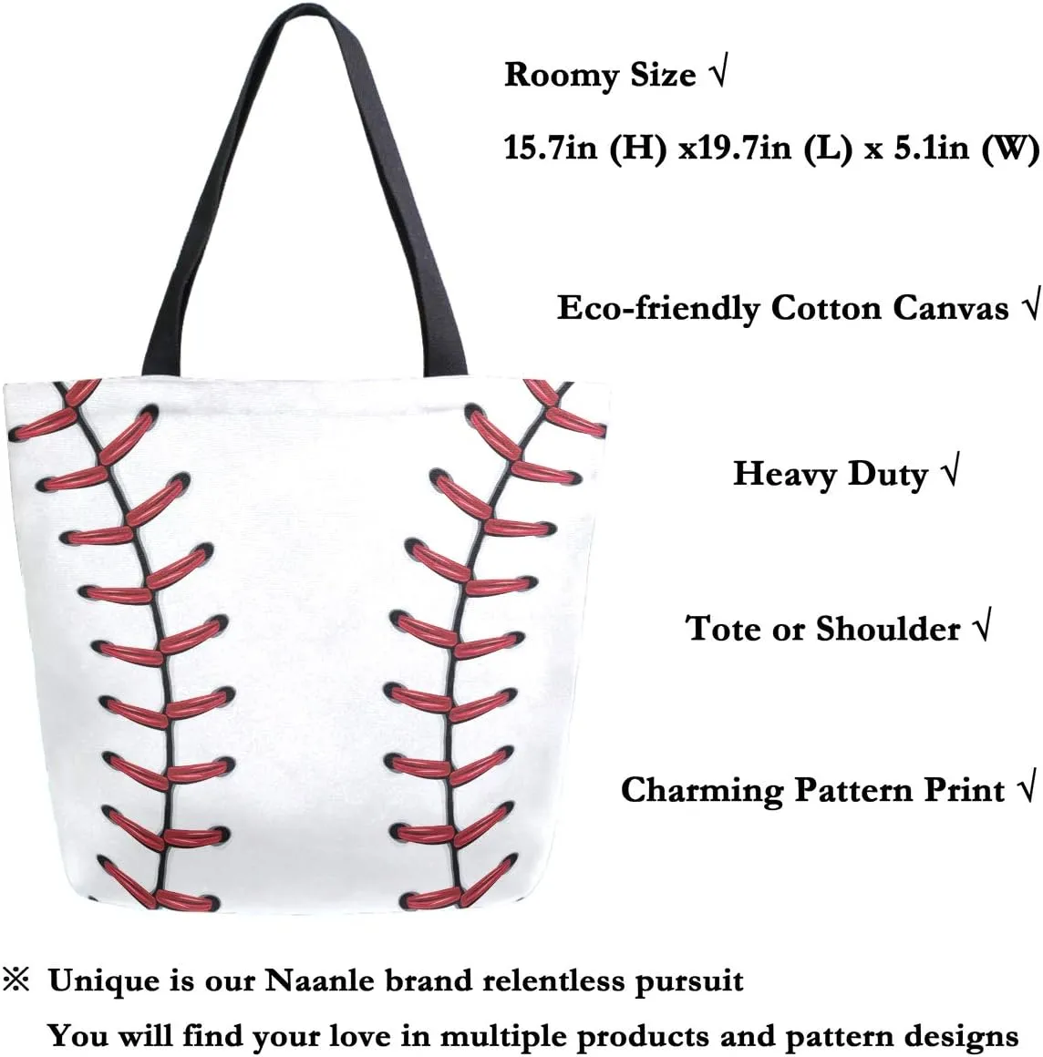 Naanle Sport Baseball Canvas Tote Bag Large Women Casual Shoulder Bag Handbag, Softball Baseball Lace Reusable Multipurpose Heavy Duty Shopping Grocery Cotton Bag for Outdoors.