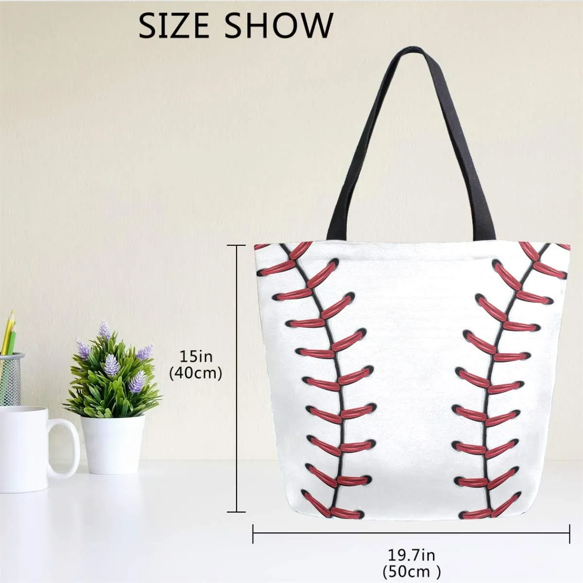 Naanle Sport Baseball Canvas Tote Bag Large Women Casual Shoulder Bag Handbag, Softball Baseball Lace Reusable Multipurpose Heavy Duty Shopping Grocery Cotton Bag for Outdoors.