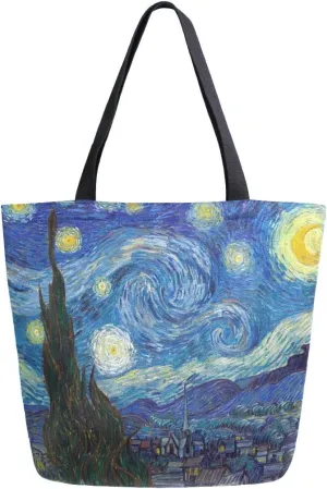 Naanle The Starry Night Canvas Tote Bag Large Women Casual Shoulder Bag Handbag, Oil Painting Reusable Multipurpose Heavy Duty Shopping Grocery Cotton Bag for Outdoors.