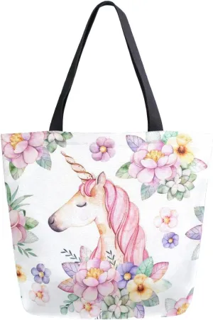 Naanle Unicorn Canvas Tote Bag Large Women Casual Shoulder Bag Handbag, Floral Unicorn Reusable Multipurpose Heavy Duty Shopping Grocery Cotton Bag for Outdoors.
