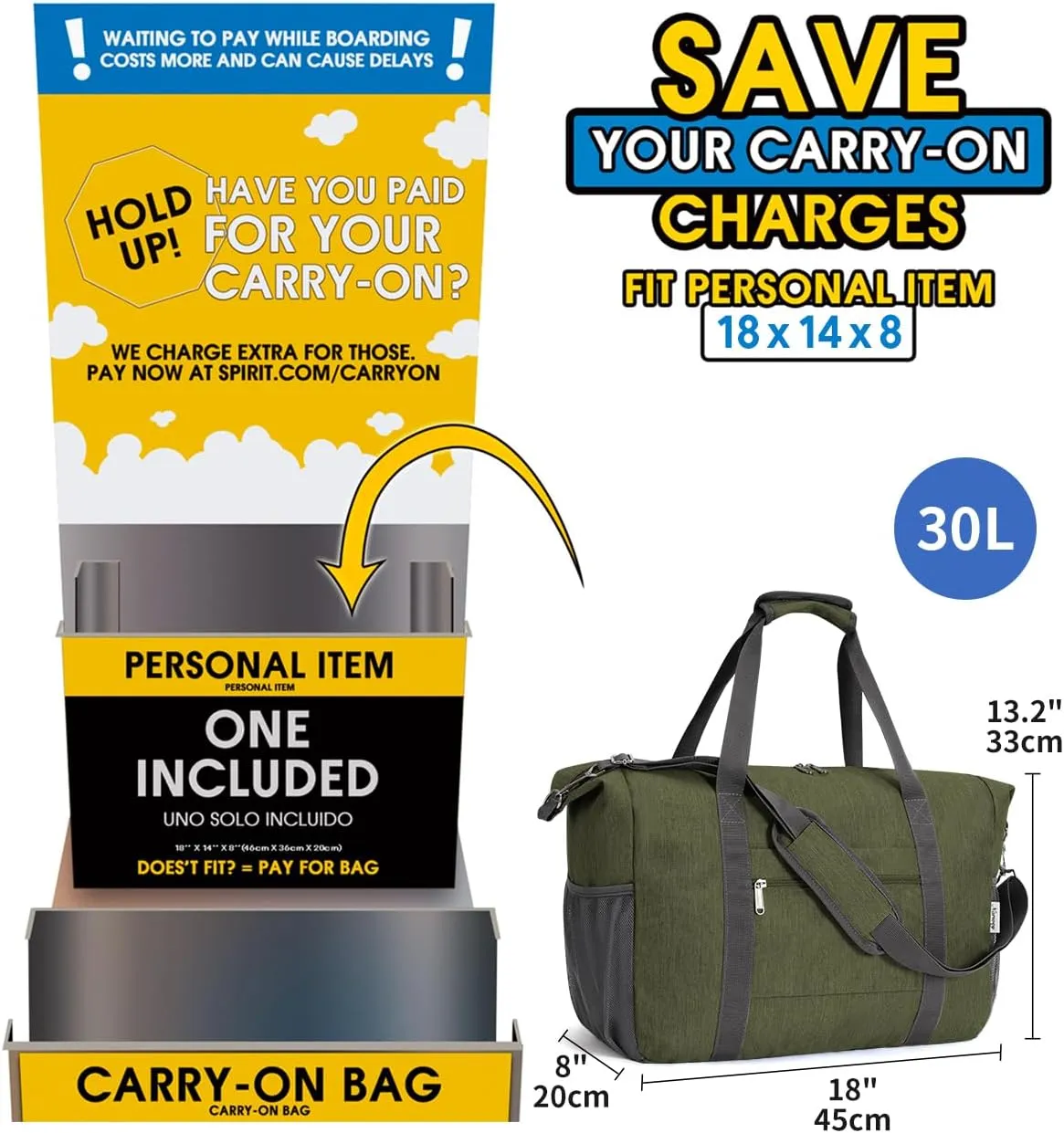 Narwey 18x14x8 Inches Travel Bag Spirit Airlines Frontier Personal Item Bag, Travel Duffel With Wet Pocket Carry on Bag for Airplane Underseat Duffle Overnight for Women and Men (Army Green)