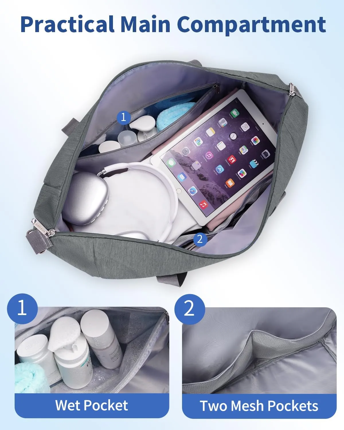 Narwey 18x14x8 Inches Travel Bag Spirit Airlines Frontier Personal Item Bag, Travel Duffel With Wet Pocket Carry on Bag for Airplane Underseat Duffle Overnight for Women and Men (Grey)