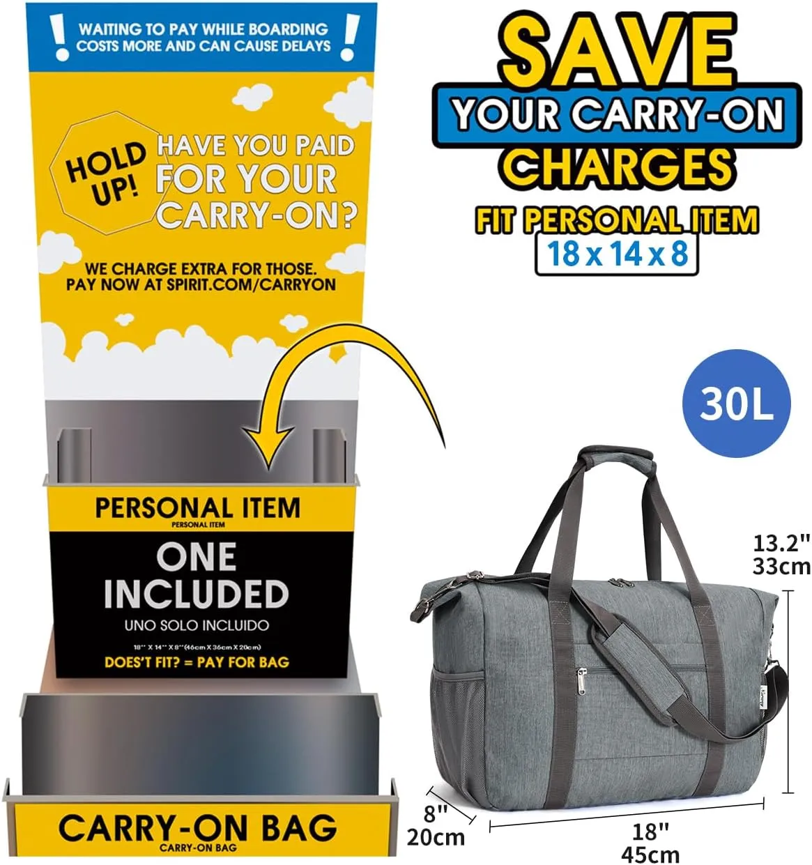 Narwey 18x14x8 Inches Travel Bag Spirit Airlines Frontier Personal Item Bag, Travel Duffel With Wet Pocket Carry on Bag for Airplane Underseat Duffle Overnight for Women and Men (Grey)