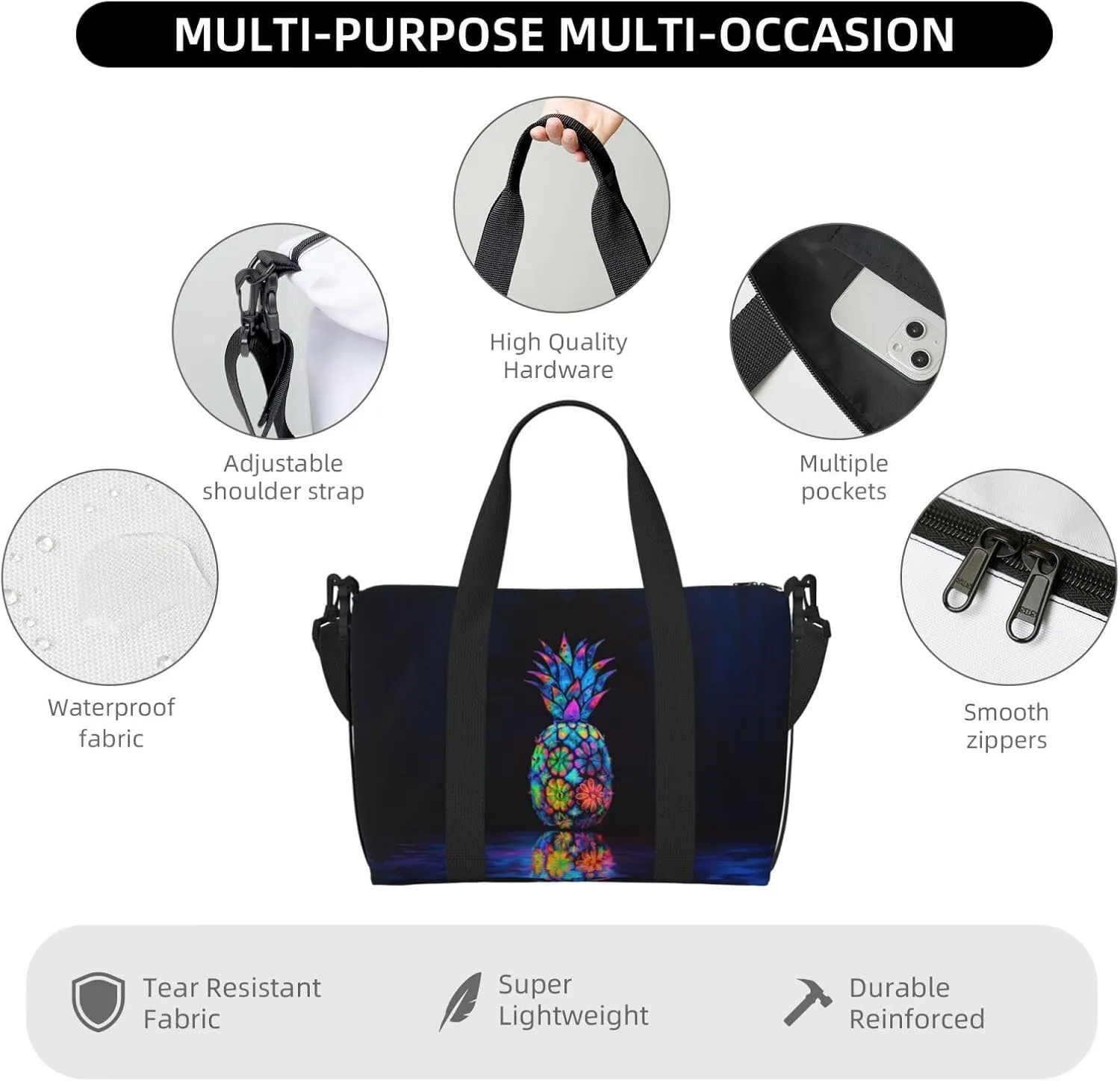 neon colors flower pineapple print Travel Duffel Bag, Sports Tote Gym Bag, Swim Pool Bag Large Shoulder Tote Bag for Beach Weekender, 202-406-121