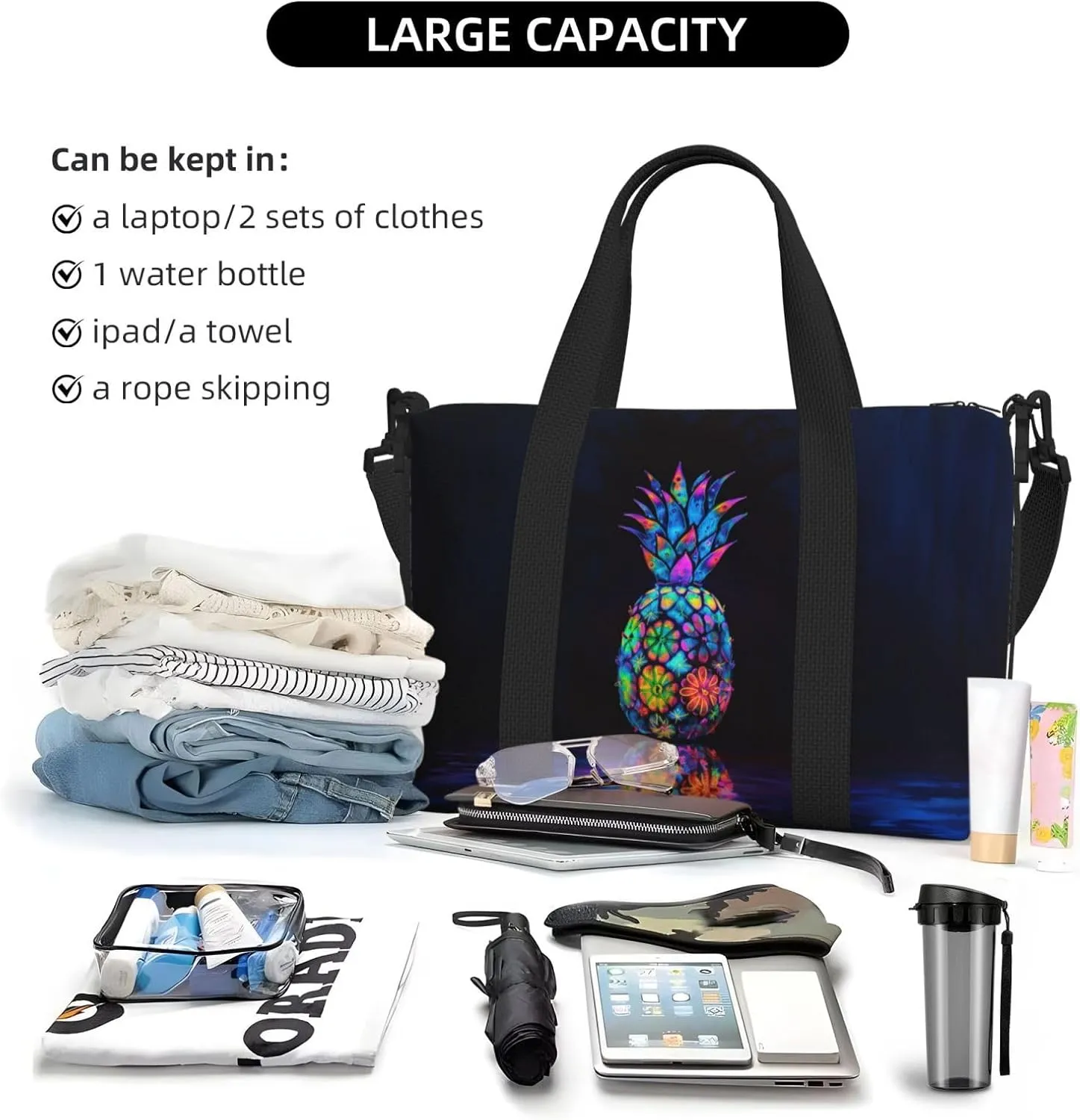neon colors flower pineapple print Travel Duffel Bag, Sports Tote Gym Bag, Swim Pool Bag Large Shoulder Tote Bag for Beach Weekender, 202-406-121