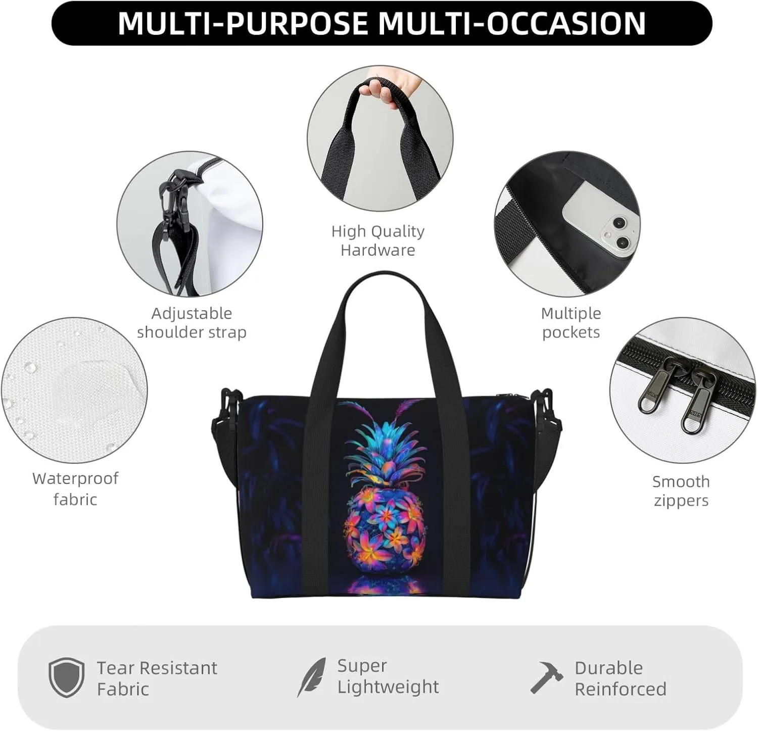 neon colors pineapple print Travel Duffel Bag, Sports Tote Gym Bag, Swim Pool Bag Large Shoulder Tote Bag for Beach Weekender