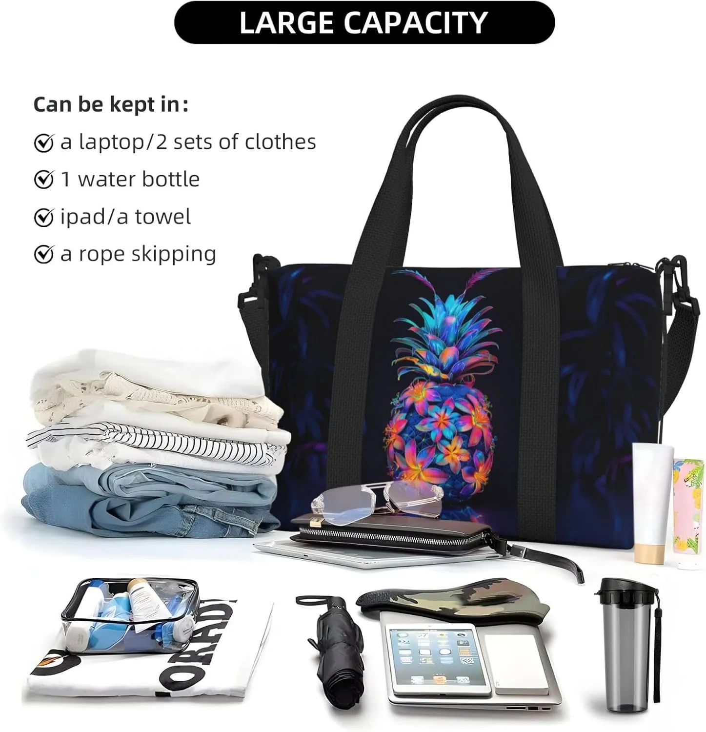 neon colors pineapple print Travel Duffel Bag, Sports Tote Gym Bag, Swim Pool Bag Large Shoulder Tote Bag for Beach Weekender