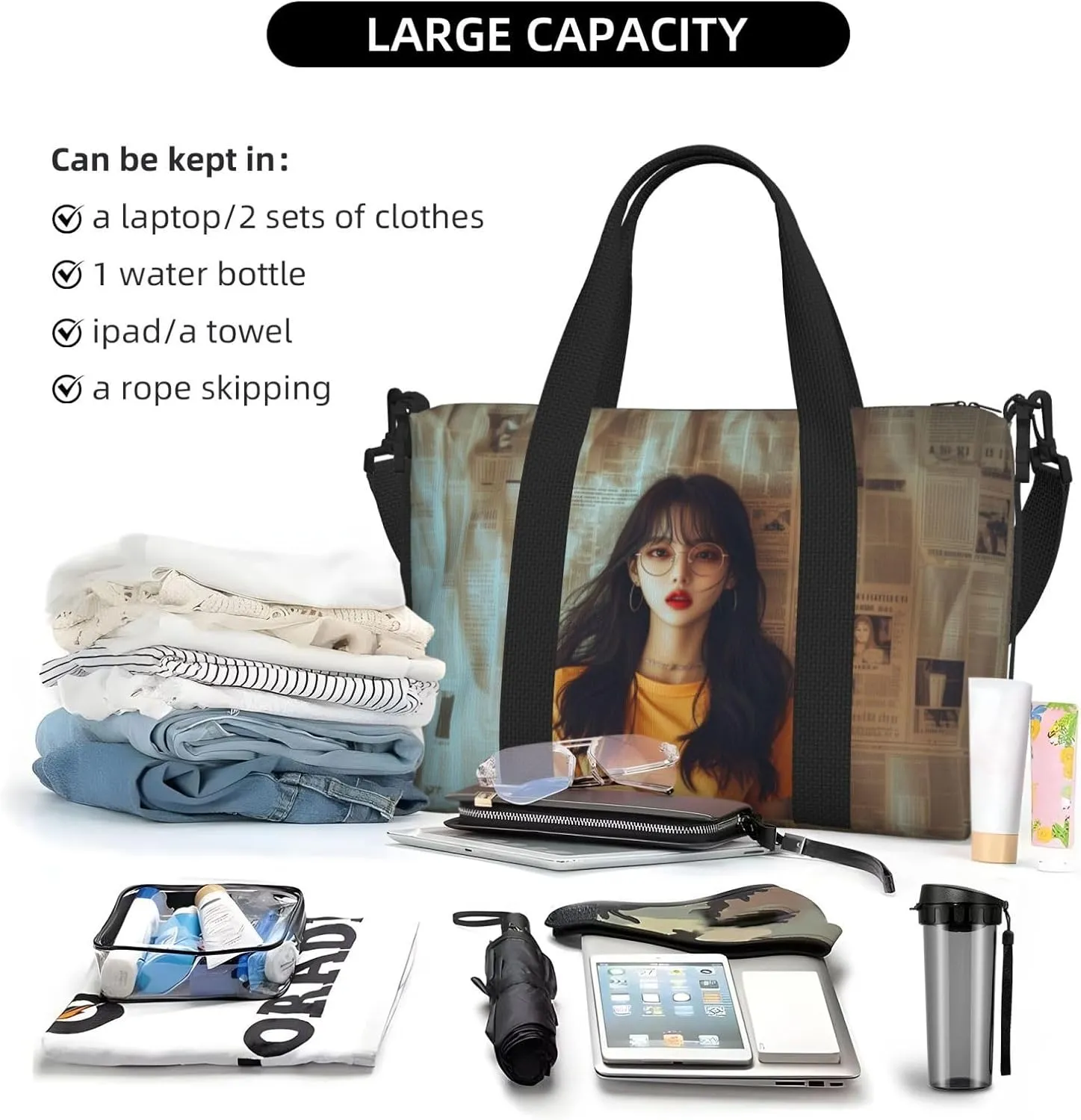 newspaper women print Travel Duffel Bag, Sports Tote Gym Bag, Swim Pool Bag Large Shoulder Tote Bag for Beach Weekender