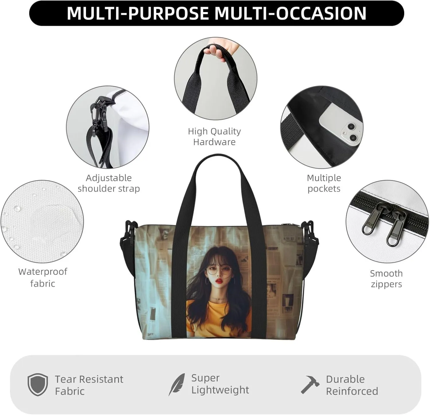 newspaper women print Travel Duffel Bag, Sports Tote Gym Bag, Swim Pool Bag Large Shoulder Tote Bag for Beach Weekender
