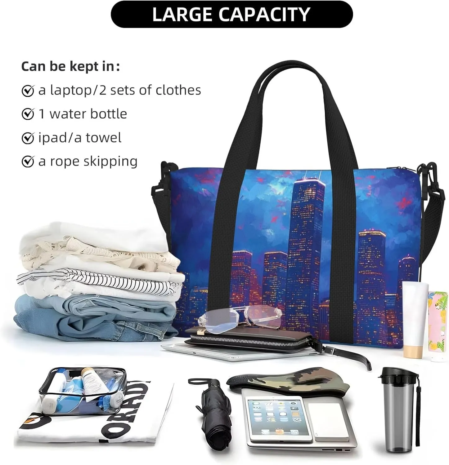 night skyline Houston print Travel Duffel Bag, Sports Tote Gym Bag, Swim Pool Bag Large Shoulder Tote Bag for Beach Weekender