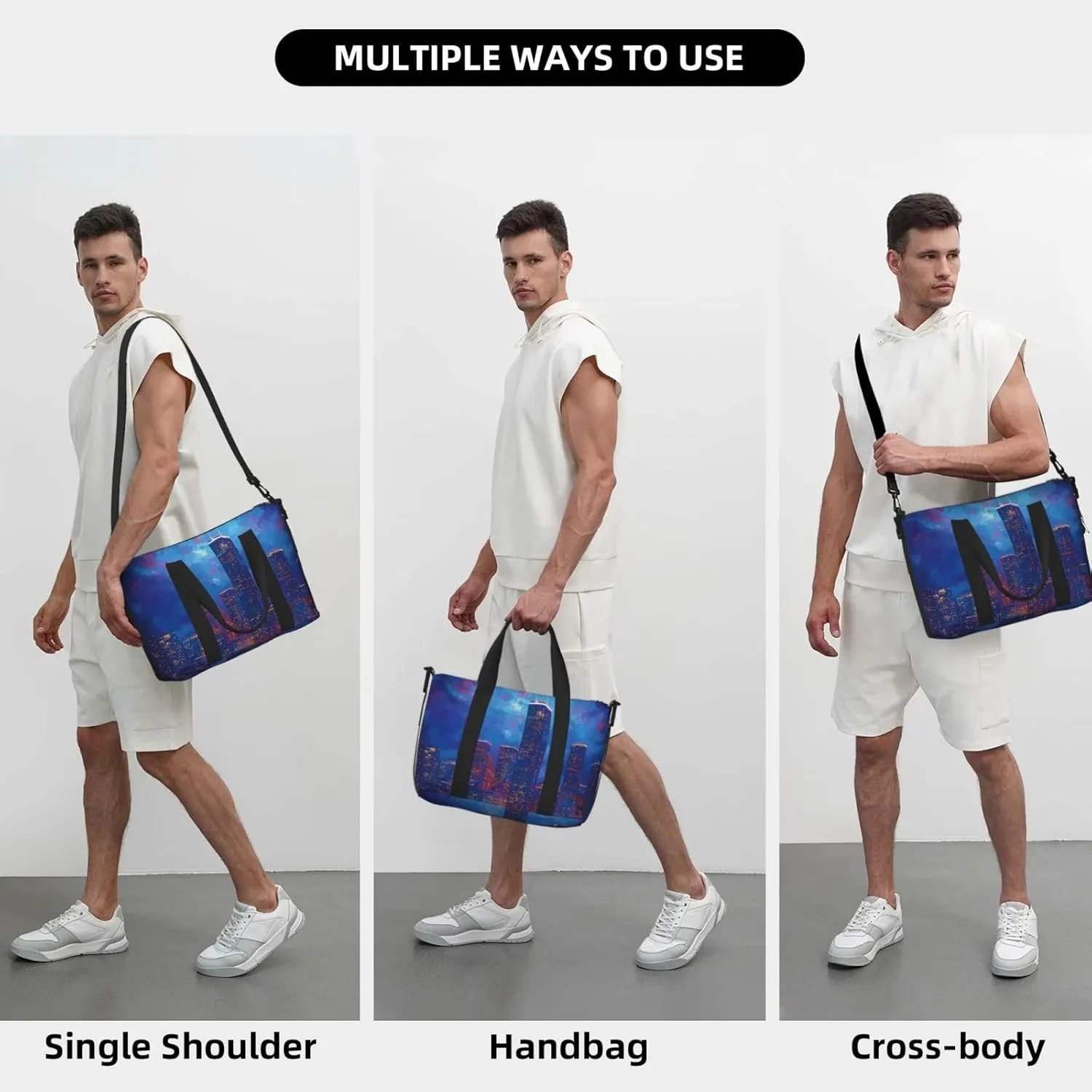 night skyline Houston print Travel Duffel Bag, Sports Tote Gym Bag, Swim Pool Bag Large Shoulder Tote Bag for Beach Weekender
