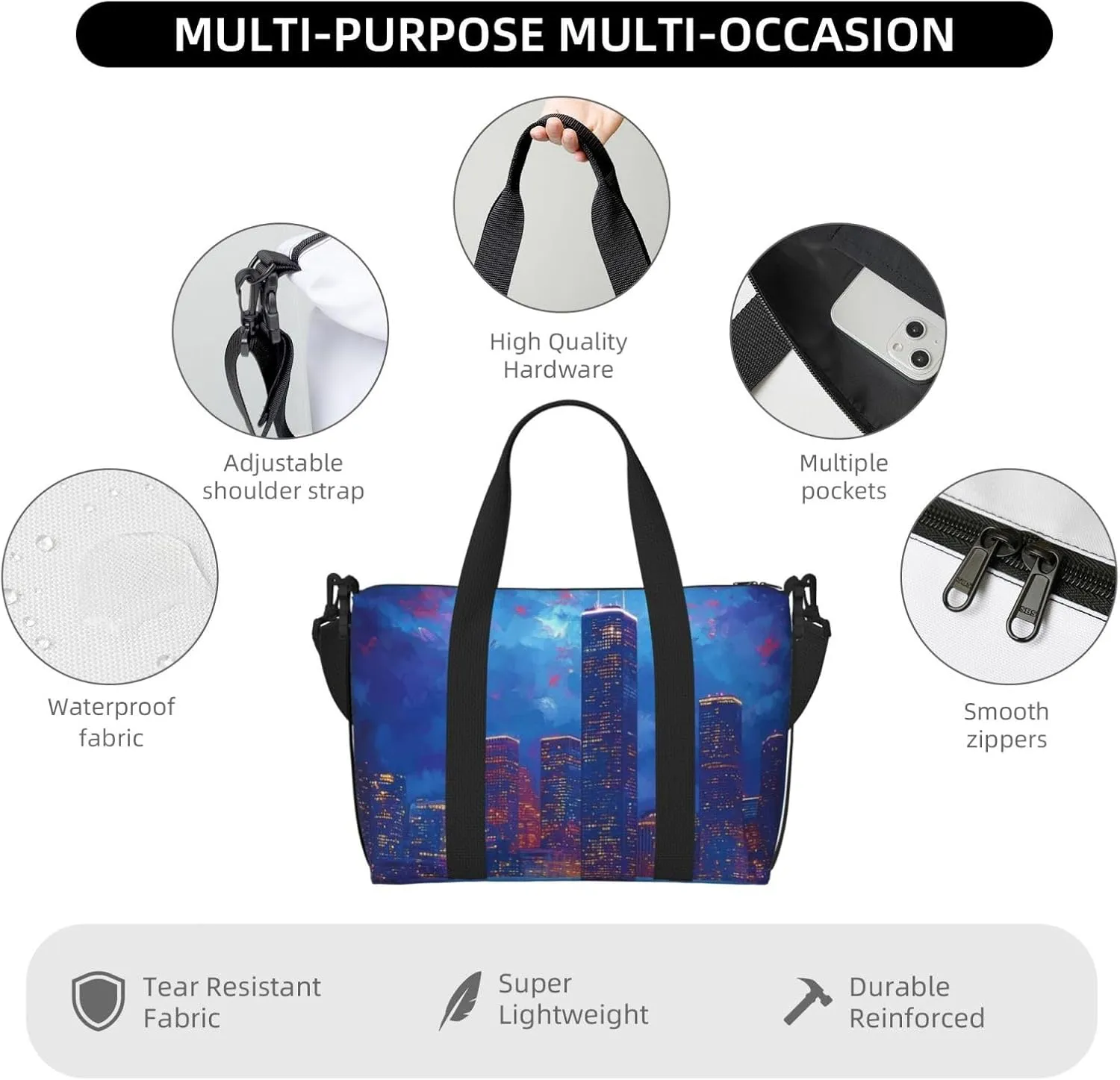 night skyline Houston print Travel Duffel Bag, Sports Tote Gym Bag, Swim Pool Bag Large Shoulder Tote Bag for Beach Weekender
