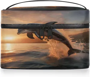 Ocean Dolphin Travel Toiletry Bag Large Capacity Makeup Case Organizer with Handle Cosmetic Case for Women Girls