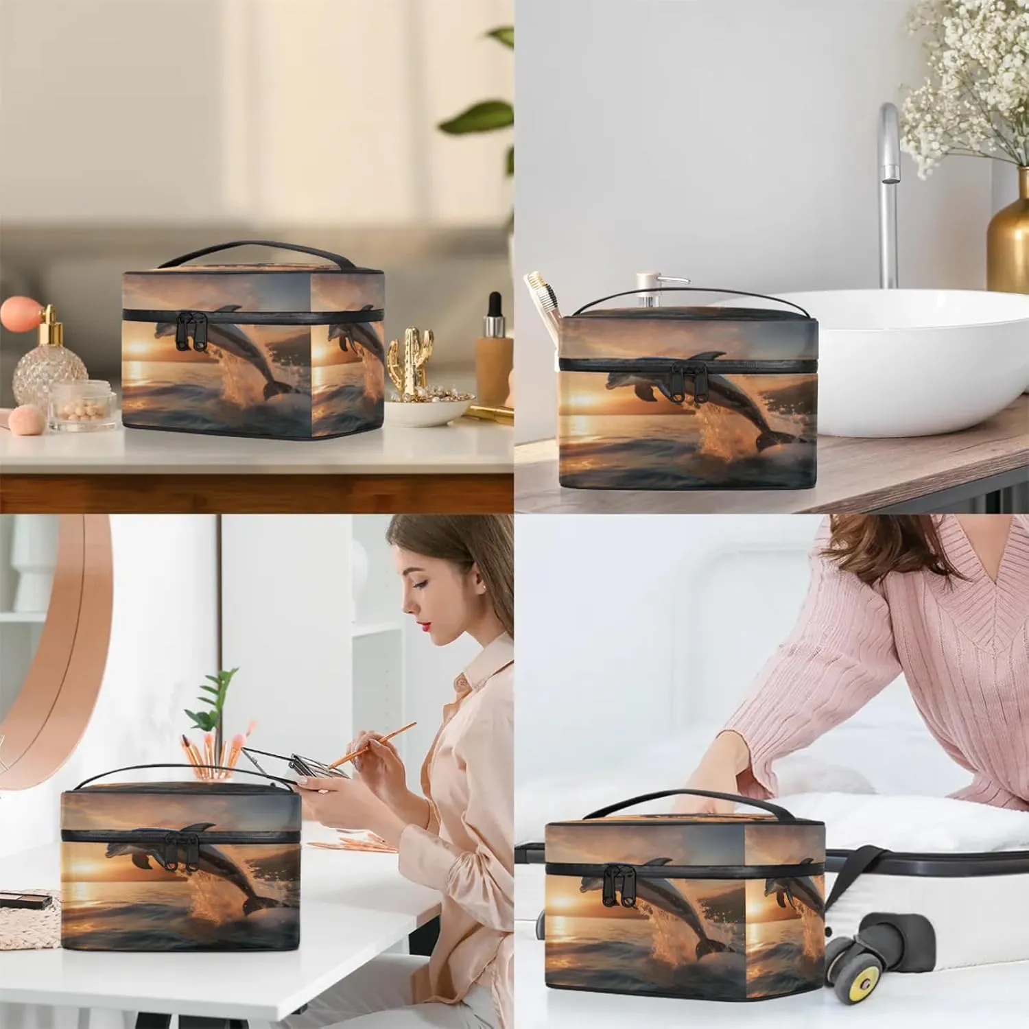 Ocean Dolphin Travel Toiletry Bag Large Capacity Makeup Case Organizer with Handle Cosmetic Case for Women Girls