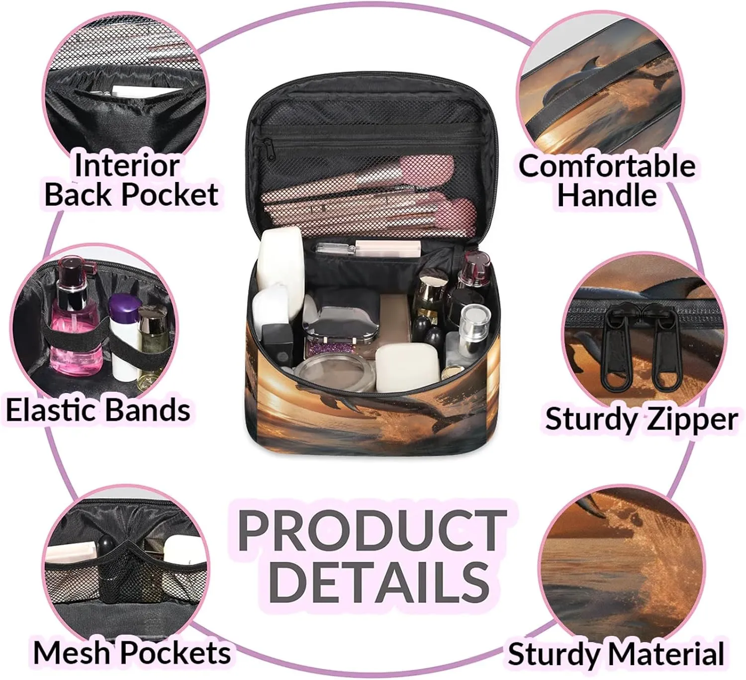 Ocean Dolphin Travel Toiletry Bag Large Capacity Makeup Case Organizer with Handle Cosmetic Case for Women Girls