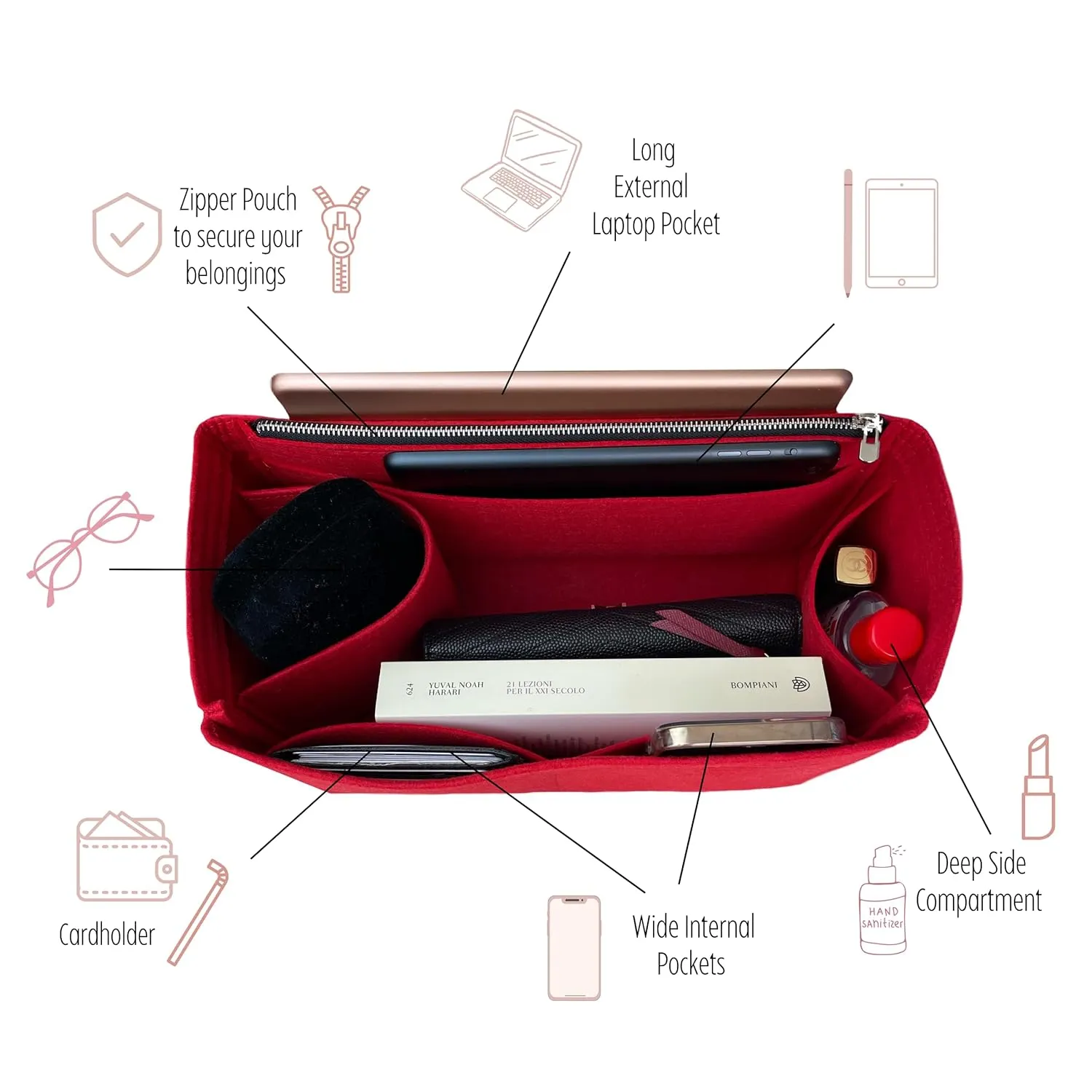 Ophidia GG Medium Tote Bag Organizer, Ophidia GG Large Tote Bag Organizer, Handmade 3mm Premium Felt Snug Sturdy Gold Zipper (For Ophidia Large Size, Red)