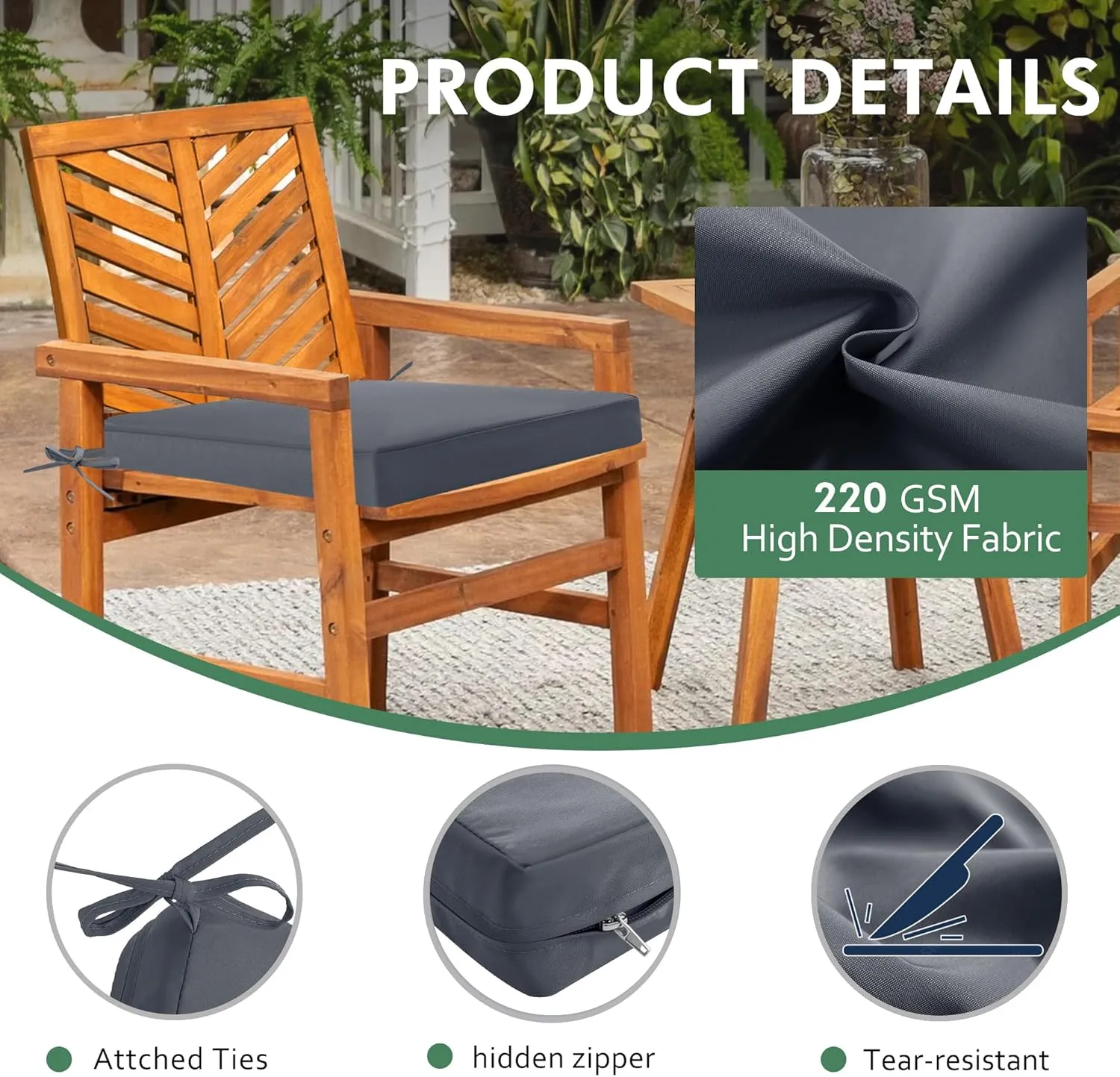 Outdoor Chair Cushions Set of 4: Waterproof & Color Fastness Seat Cushion for Patio Furniture - 22 x 22 x 3 Inch Chair Pads with Ties and Hidden Zipper - Patio Chair Cushion Replacement, Dark Grey