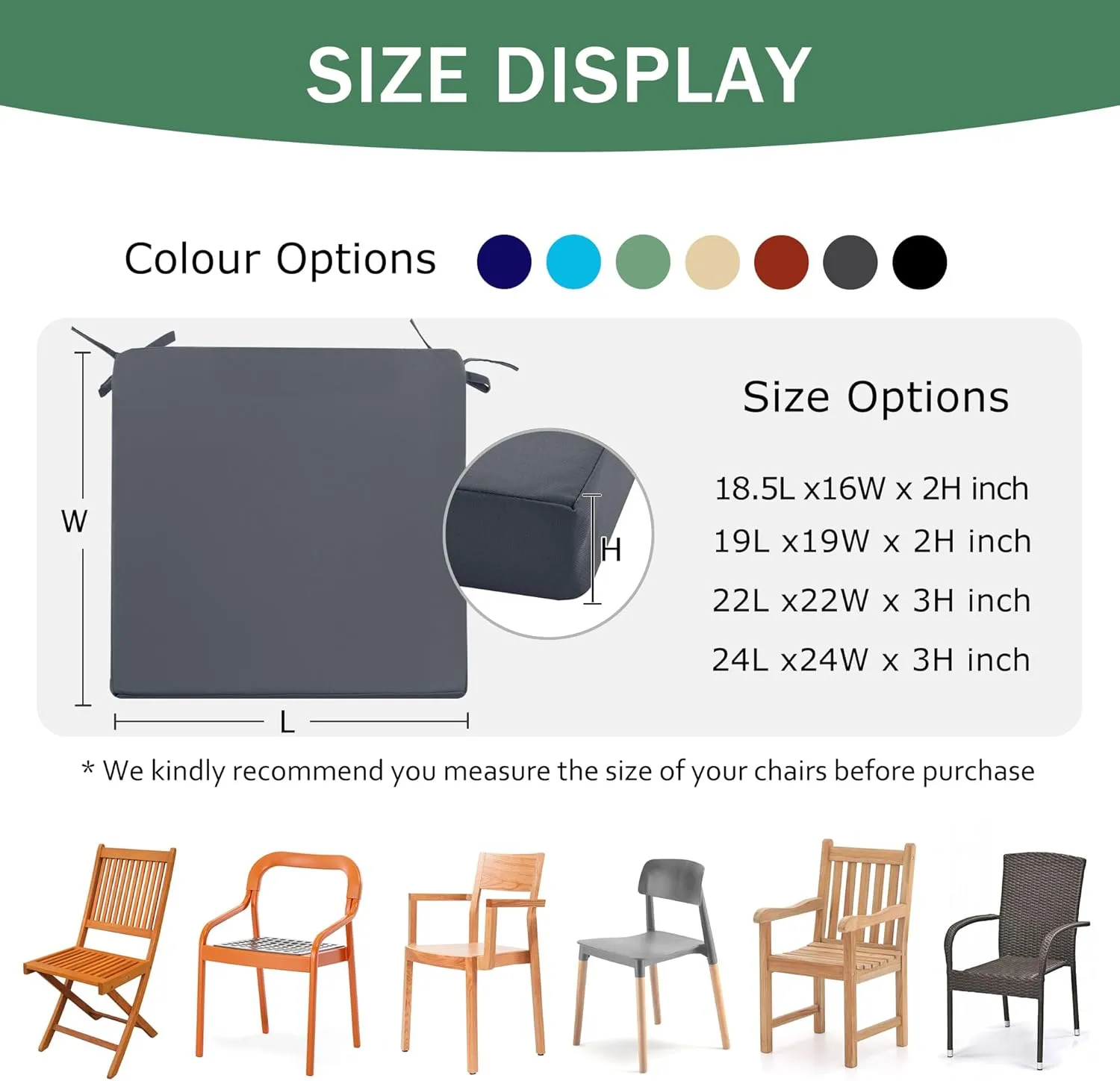 Outdoor Chair Cushions Set of 4: Waterproof & Color Fastness Seat Cushion for Patio Furniture - 22 x 22 x 3 Inch Chair Pads with Ties and Hidden Zipper - Patio Chair Cushion Replacement, Dark Grey