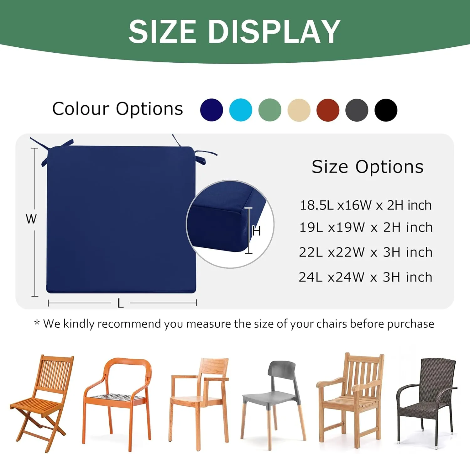 Outdoor Chair Cushions Set of 4: Waterproof & Color Fastness Seat Cushion for Patio Furniture - 22 x 22 x 3 Inch Chair Pads with Ties and Hidden Zipper - Patio Chair Cushion Replacement, Navy
