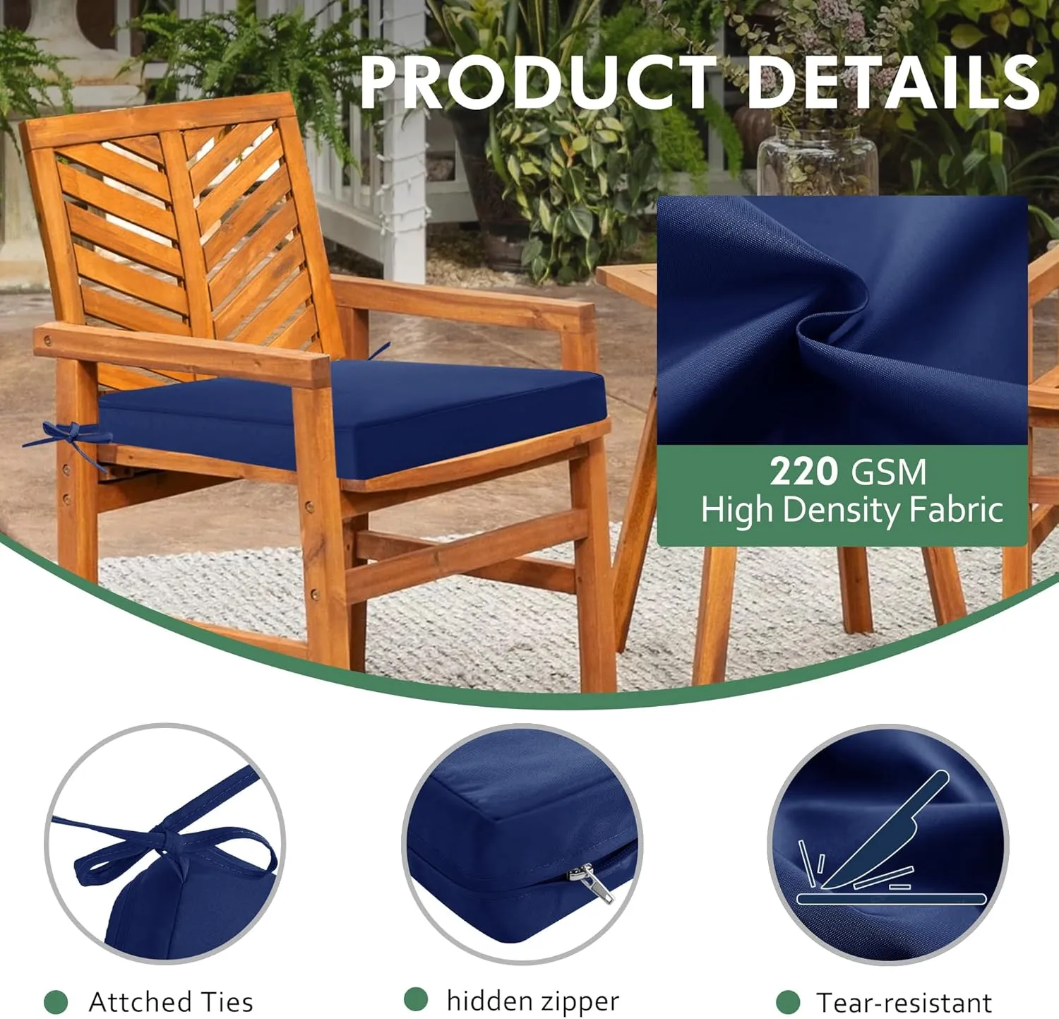 Outdoor Chair Cushions Set of 4: Waterproof & Color Fastness Seat Cushion for Patio Furniture - 22 x 22 x 3 Inch Chair Pads with Ties and Hidden Zipper - Patio Chair Cushion Replacement, Navy