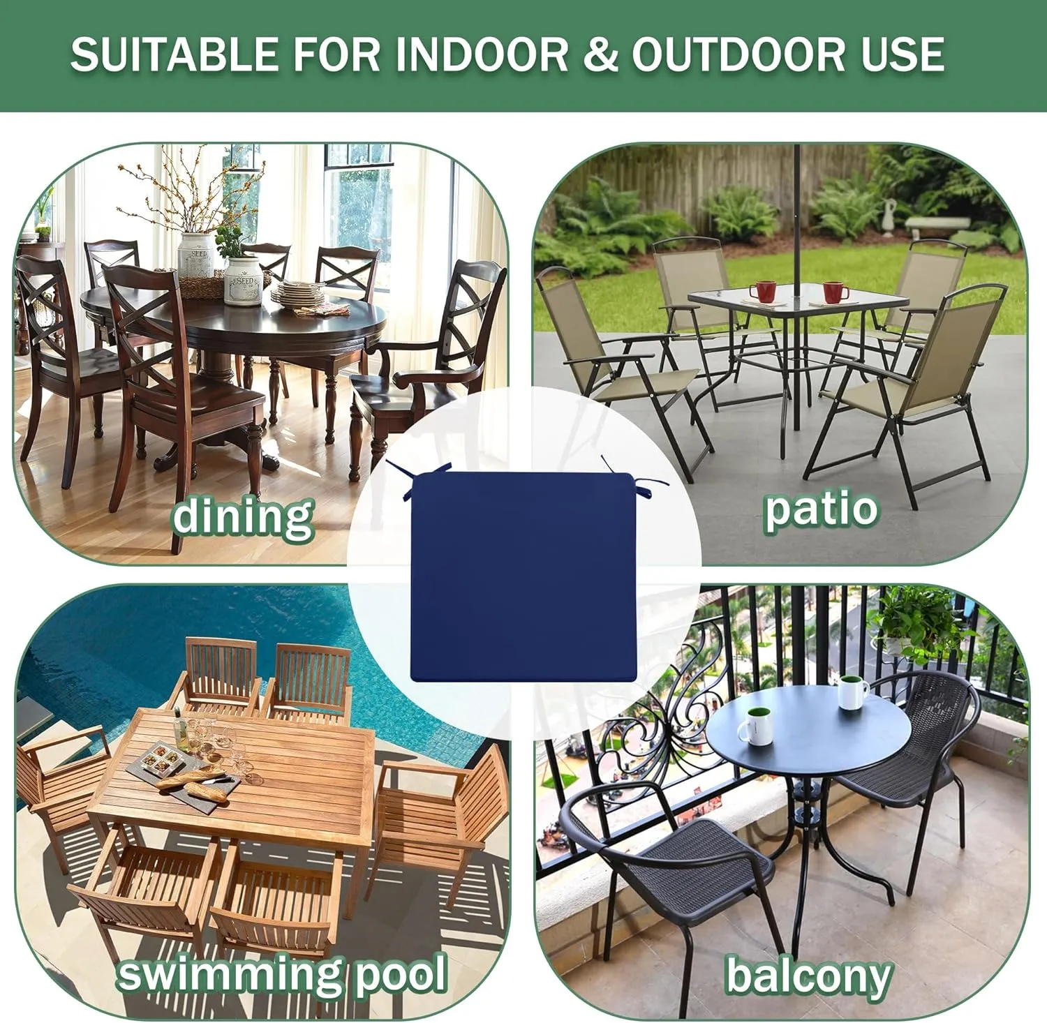 Outdoor Chair Cushions Set of 4: Waterproof & Color Fastness Seat Cushion for Patio Furniture - 22 x 22 x 3 Inch Chair Pads with Ties and Hidden Zipper - Patio Chair Cushion Replacement, Navy