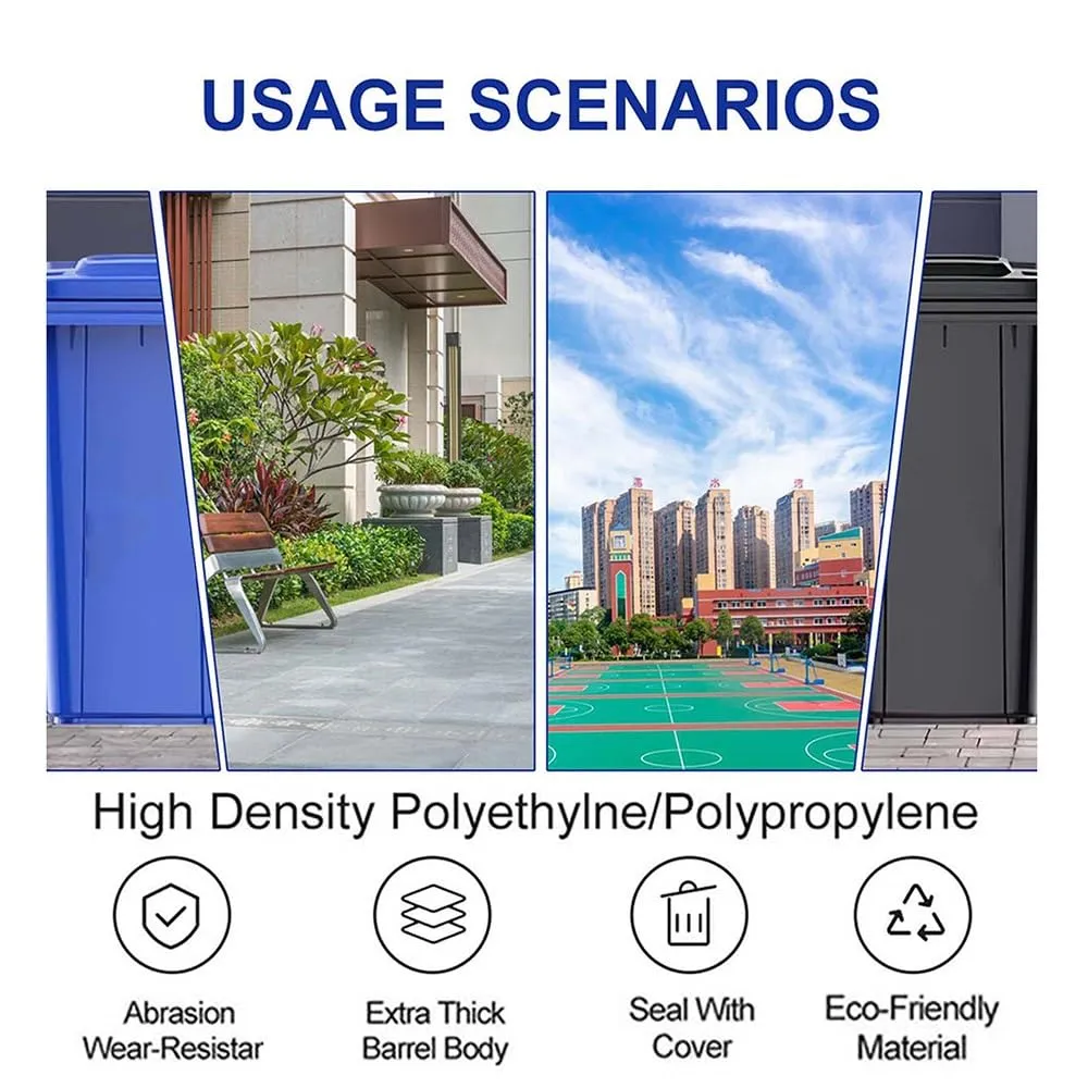 Outdoor Garbage Can with Wheels and Lid - Portable Trash Can for Patio, Backyard, Roadside - Features Smooth Movement and Side Grooves