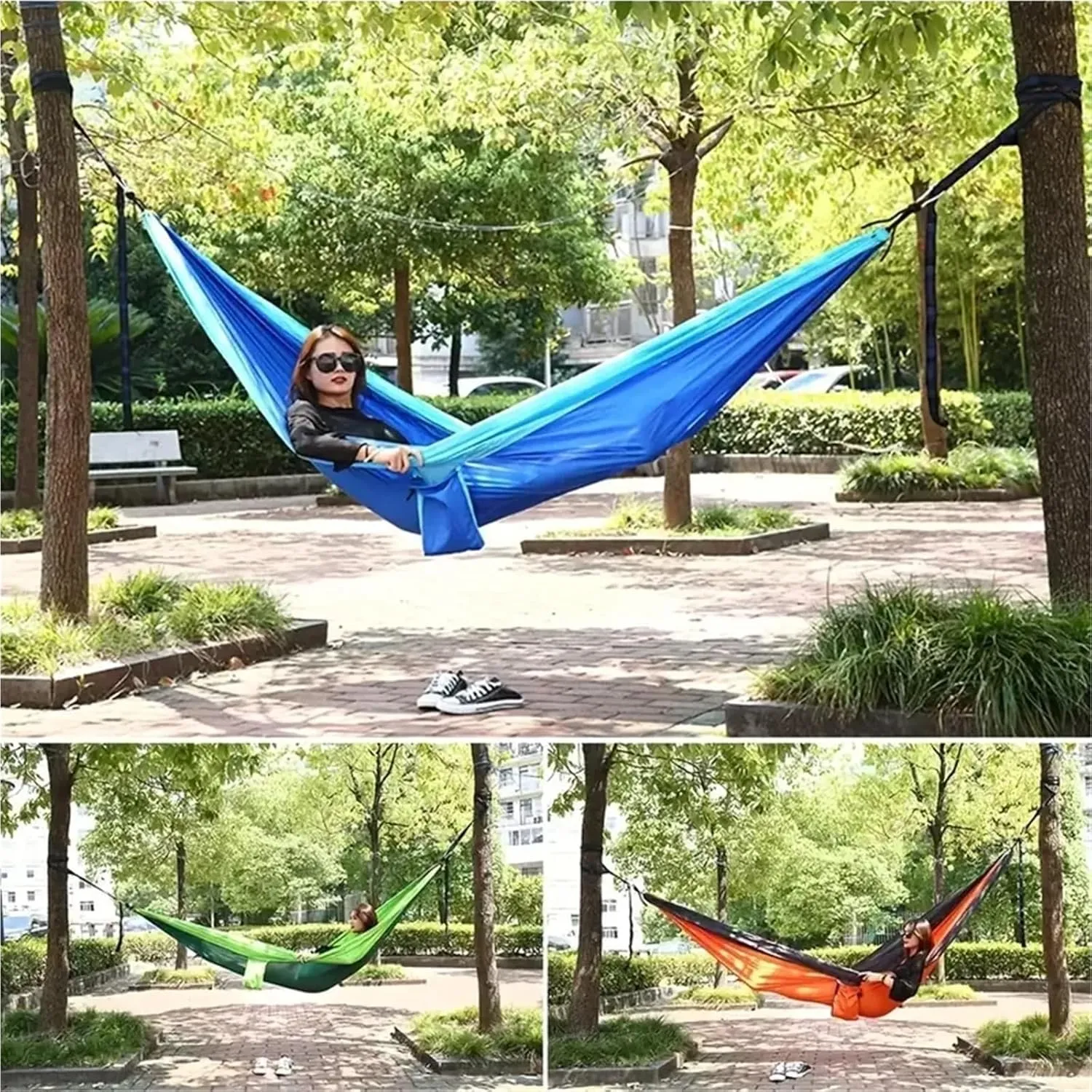 Outdoor Lightweight Double Nylon Camping Hammock with Hanging Straps Perfect for Backpacking Travel Beach Yard and Garden(Black)