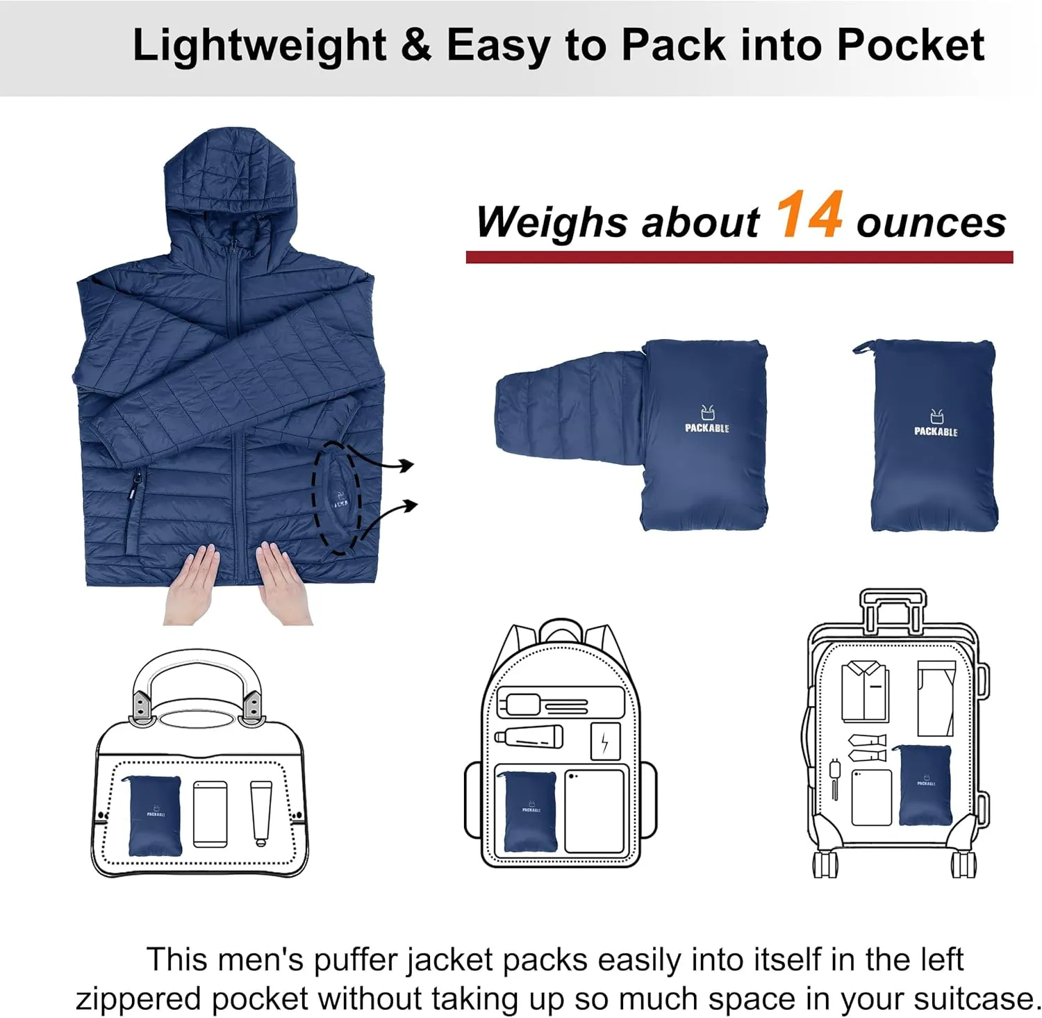 Outdoor Ventures Men's Lightweight Packable Hooded Puffer Jacket Insulated Winter Coat for Snow Ski Traveling
