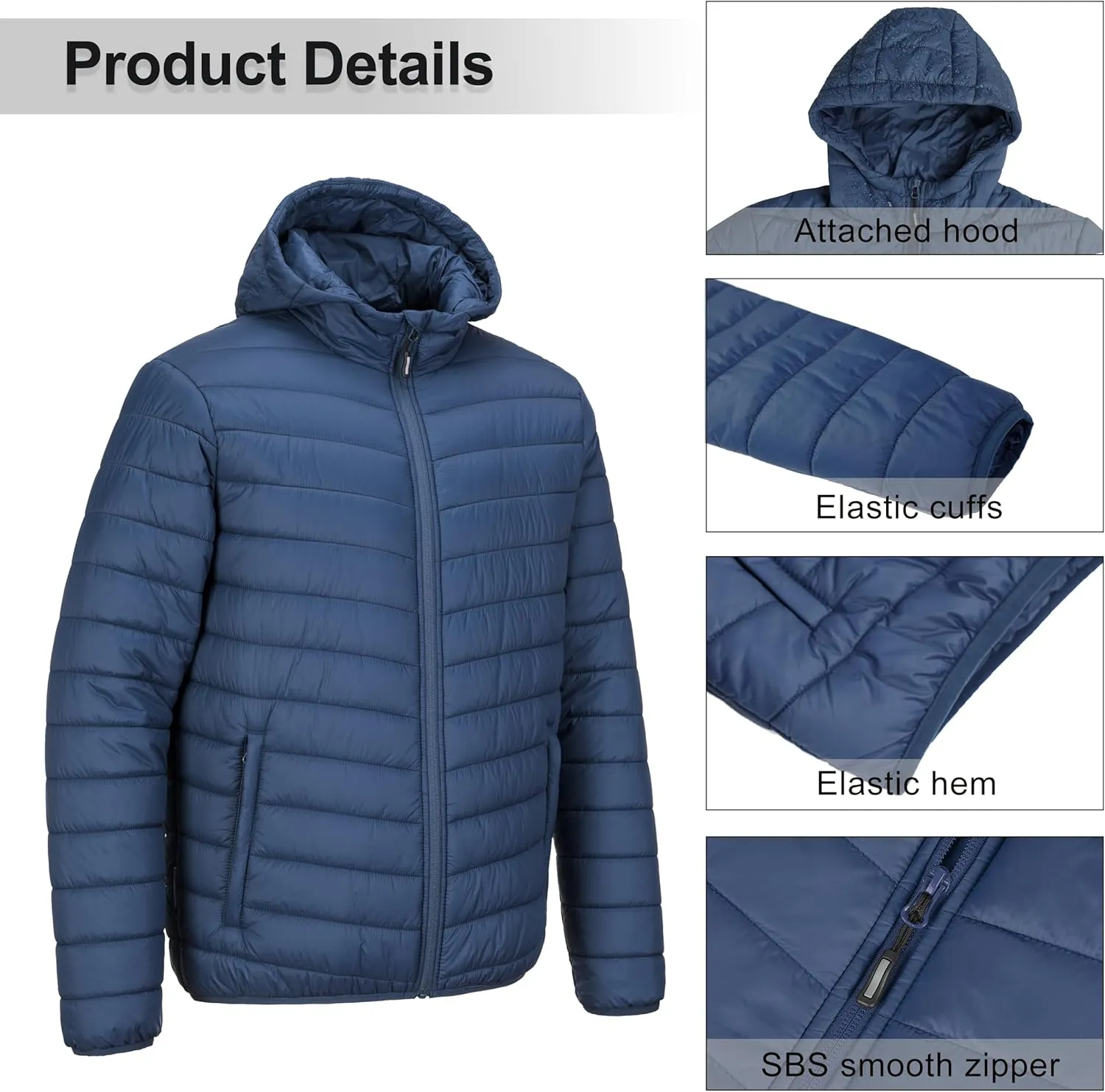 Outdoor Ventures Men's Lightweight Packable Hooded Puffer Jacket Insulated Winter Coat for Snow Ski Traveling
