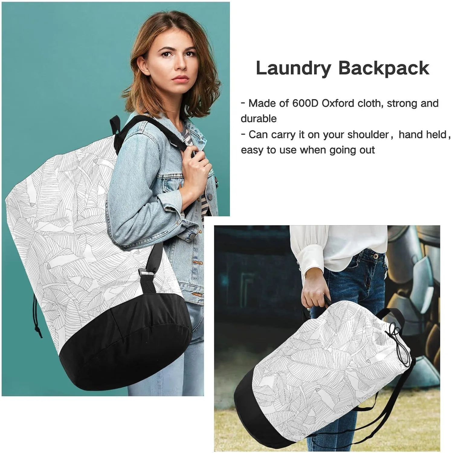 Oyihfvs Tropical Palm Leaves Seamless Pattern, Black and White Design Backpack Laundry Bag, Laundry Backpack with Shoulder Straps, Waterproof Nylon Clothes Hamper Bag for Men Women Yoga Backpack